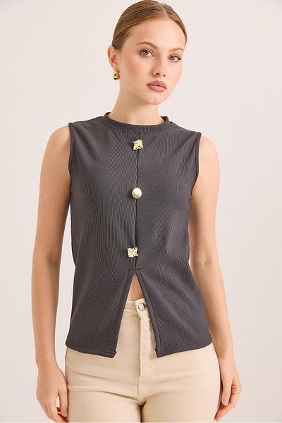 Raneel Kazançlı Alışveriş Crew Neck Gold Buttoned Ottoman Corded Blouse Smoked