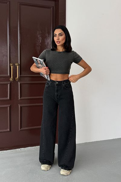 Ortaya Çık Black Stitching Detailed High Waist Denim Trousers