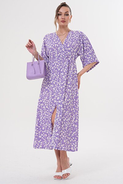 Siyezen Double Breasted Collar Elastic Waist Daisy Pattern Dress