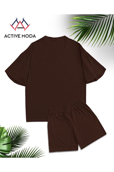 ACTIVE MODA -قميص رجالي بأكمام قصيرة بدون طباعة - شورت طقم مكون من قطعتين مقاس كبير من القطن