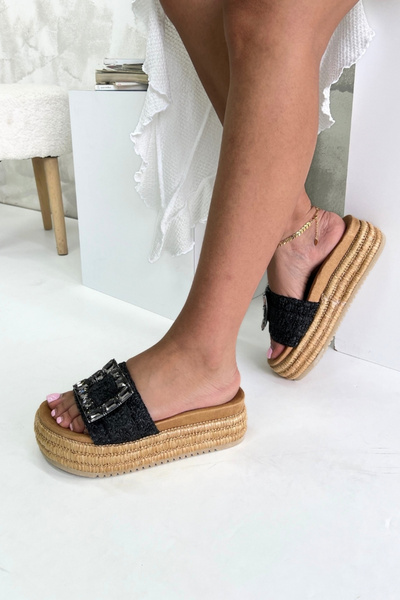 inizio Papuci de damă cu cataramă din piatră de paie neagră EW7076