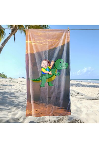 EJOYA KOPYA - Kişiye Özel Karikatür Fotoğraflı Şirin Dino Plaj ve Banyo Havlu...