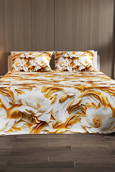 MonoHome Pike Takımı Pamuklu Çift Kişilik Jakar Dokuma Yatak Örtüsü Gold