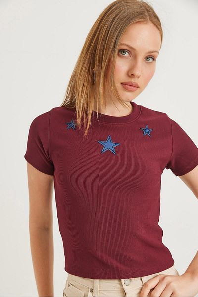 Raneel Kazançlı Alışveriş Star Detailed Corded Short Sleeve Crop Blouse Claret Red