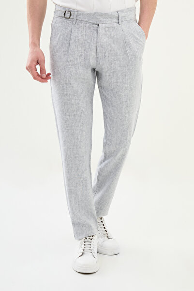 Mcr Gray Slim Fit Pleated Linen Men's Trousers with Buckle Waist Navy Blue - 38306.25Y