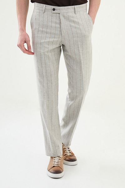 Mcr Striped Gray Slim Fit Classic Linen Men's Trousers