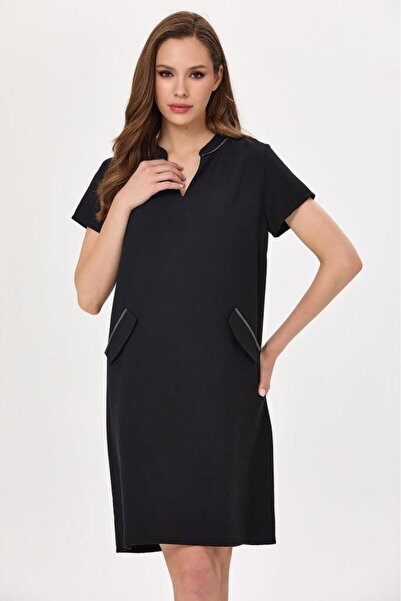 İKİLER Hakim Yaka Zincir Şerit Detaylı Elbise 025-4019