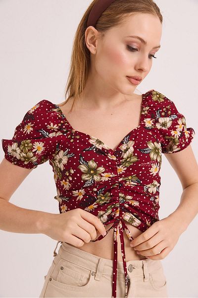 Raneel Kazançlı Alışveriş Patterned Princess Sleeve Front Gathered Blouse Burgundy