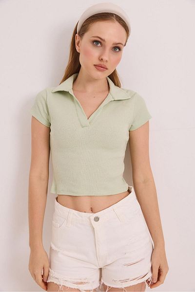 Raneel Kazançlı Alışveriş Polo Neck Basic Short Sleeve Knitted Camisole Crop Blouse Green