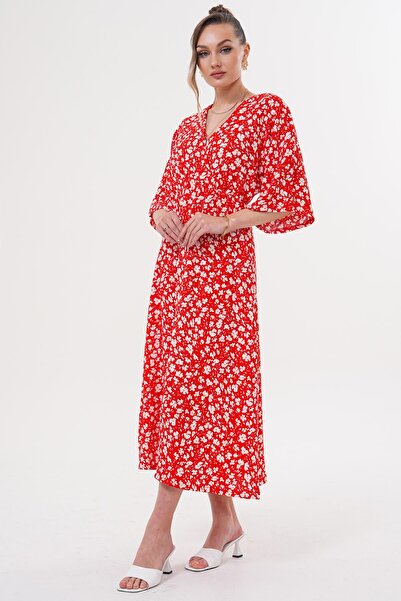 Siyezen Double Breasted Collar Elastic Waist Daisy Pattern Dress