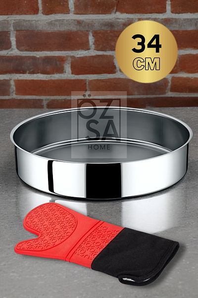 ÖzSa Home Kitchen Oven Mitt Stainless Steel Baking Tray 34cm Baklava Pastry Tray Round Baking Tray