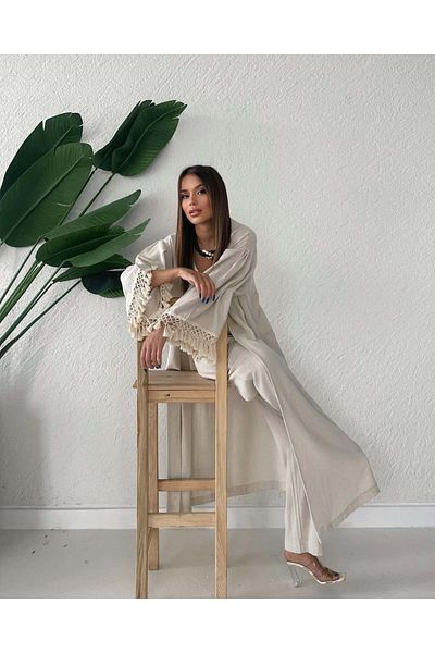 Holly Beez Bohemian Linen Kimono & Trousers Set with Tasseled Sleeves