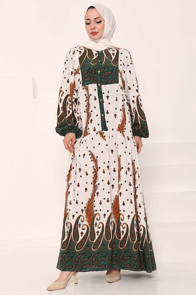 TOFİSA Patterned Buttoned Dress Khaki - 27040