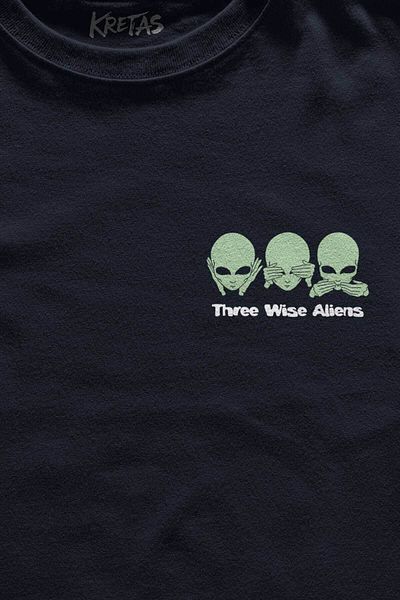 Kretas Unisex Navy Blue T-Shirt Three Wise Aliens Ufo Mars Space Cosmos Minimal Printed T-Shirt