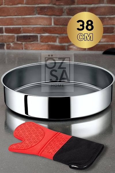 ÖzSa Home Kitchen Oven Mitt Stainless Steel Baking Tray 38cm Baklava Pastry Tray Round Baking Tray