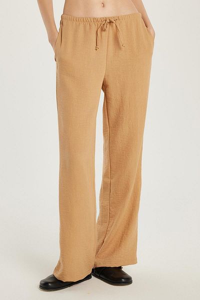 Tudors Women's Regular Fit Tie Waist Linen Wide Leg Beige Trousers