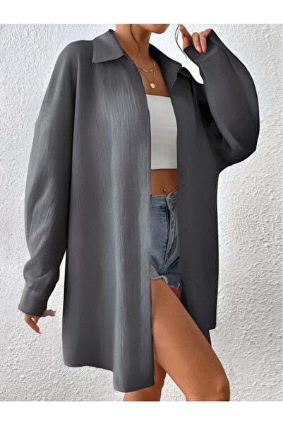 MOONBULL Kadın Oversize Bürümcük Keten Karışımı Gömlek