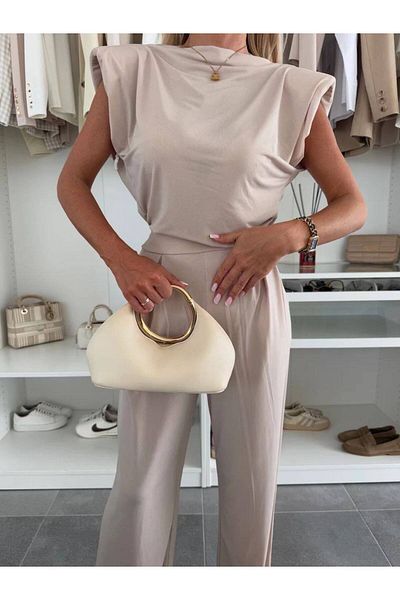 Cistern İstanbul Women's Beige Shoulder Detailed Blouse Trousers Double Set