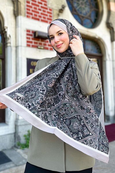 Sultan Eşarp Sultan Fresh Cotton Shawl - Μοτίβο πλακιδίων - SLF002-08 - Milk Coffee, Πράσινο, Μαύρο