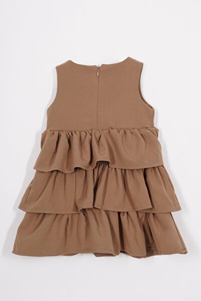 zepkids Crew Neck Ribbon Detailed Skirt Ruffled Zero Sleeve Dark Brown Color Girl's Dress