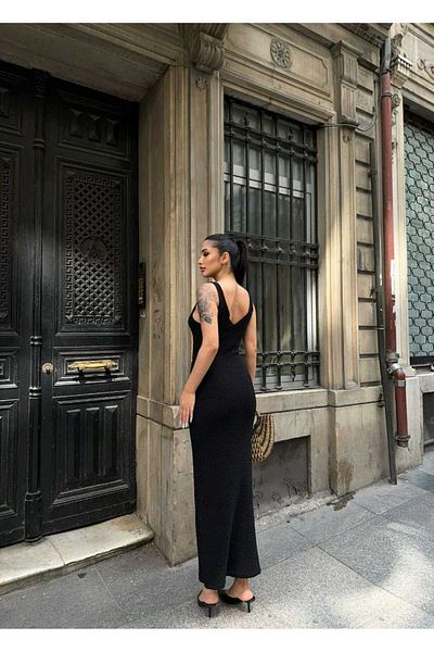 Cistern İstanbul Women's Black Front Back V-Neck New Season Summer Knitwear Dress