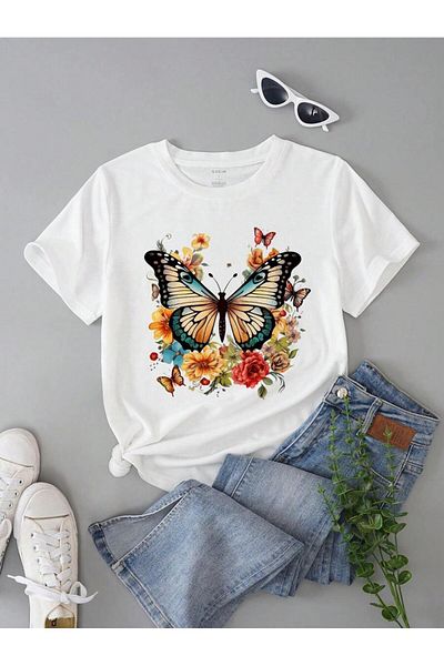 PENTHİLUS Women's Short Sleeve Round Neck Butterfly Print T-Shirt