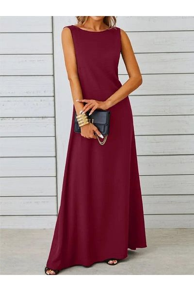 Gökyüzü Moda Women's Sleeveless Boat Neck Maxi Janjan Crepe Dress