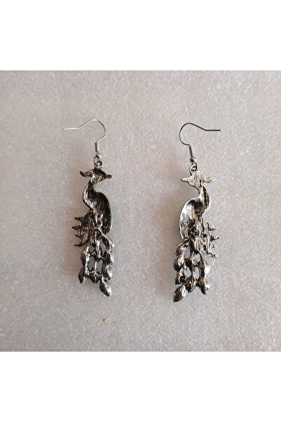 Butik Tülin Otantik el yapımı gümüş metal emaye yeşil kesme parlak kristal taşlı tavus kuşu küpe 7x2 cm Hint