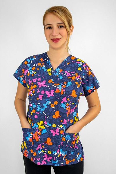 Nur Medikal Giyim Unisex Butterfly Patterned Lycra Doctor Nurse Single Top Jersey Scrubs Greys