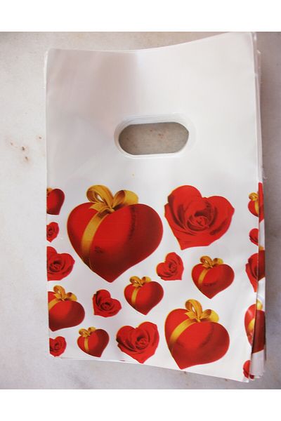 morlalem m 100Pcs 10X15Cm Plastic Bag,Gift Bag,Red Heart Printed Packaging with Yellow Bow