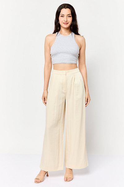 Esprit Women Regular Fit Plain Wide Leg Pants, Beige