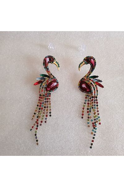 Butik Tülin Authentic Handmade Gold Metal Enamel Multi-Color Cutout Shiny Crystal Stone Flamingo Earrings 9.5X2.5 cm