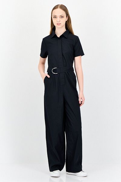 Esprit Women Solid Short Sleeves Belted Jumpsuit, Black