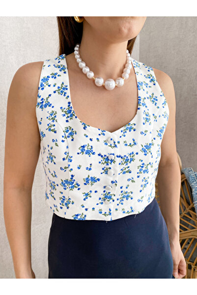 biumi butik kadın çiçekli kaplama düğme crop yelek