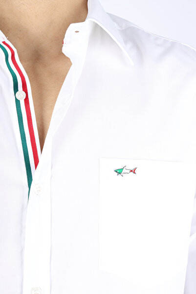 PAUL&SHARK Erkek Normal Kalıp Bayrak Şeritli Göğsü Metalik Logolu Arkası Marka Yazı Baskılı Uzun Kollu Beyaz Gö