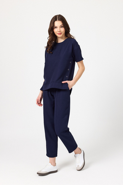 zitex Navy Blue Crew Neck Linen Bottom Top Set