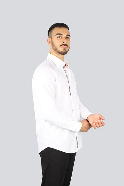 PAUL&SHARK Men's Regular Fit Flag Stripe Chest Metallic Logo Back Brand Text Printed Long Sleeve White Shirt