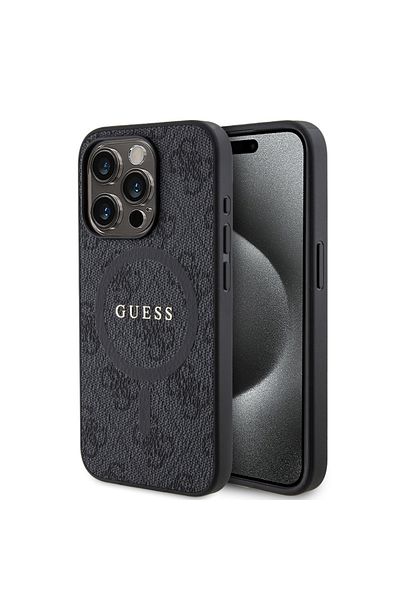 Guess Husă pentru iPhone 15 Pro, Colecția 4G din piele MagSafe, - Negru