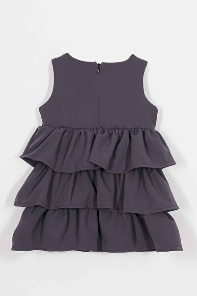 zepkids Crew Neck Ribbon Detailed Skirt Ruffled Zero Sleeve Dark Gray Color Girl's Dress