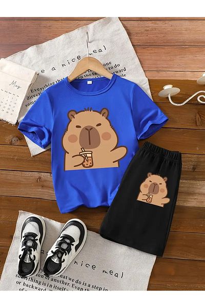 vinraus Girl\Boy Sax Blue-Black Sweet Capybara Printed Combed Cotton Shorts-Tshirt Set