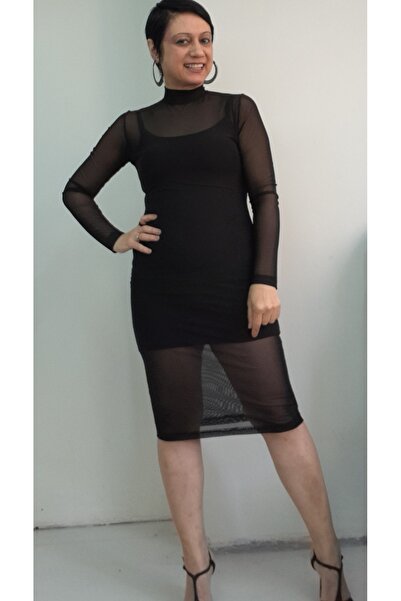 Mertcan Butik Black Turtleneck Mini Pencil Dress with Inner Rope Strap, Detailed Long-Sleeved Tulle Pencil Dress