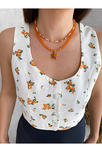 biumi butik kadın çiçekli kaplama düğme crop yelek