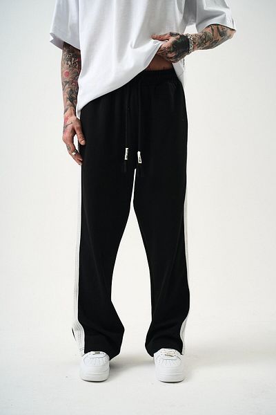 Respire Pantaloni de sport largi interlock cu dungi pentru bărbați, negri