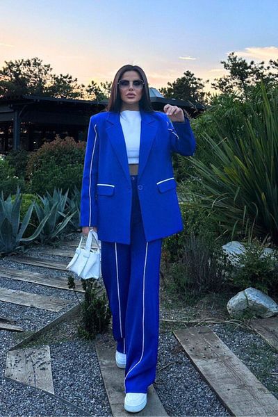 VZ BUTİK Women's Bottom Top Double Suit Piping Detailed Blazer Jacket Pants Suit