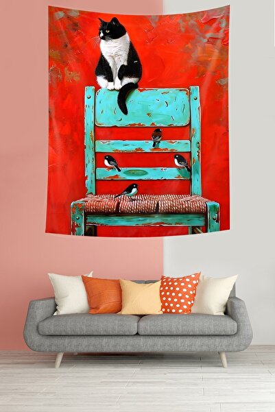 linazaitun Cat on a Wooden Chair Birds Stain Resistant Fabric Wall Cloth Wall...