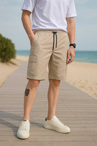 Pobudo Bej Renk Kargo Cepli Paraşüt Kumaş Erkek Şort