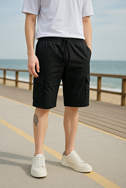Pobudo Siyah Renk Kargo Cepli Paraşüt Kumaş Erkek Şort