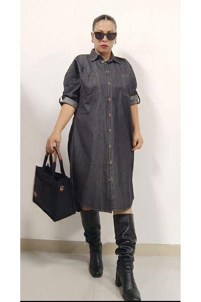 AKŞEN GİYİM Plus Size Slim Jeans Denim Shirt Collar Jean Dress - Neck Button and Foldable Sleeve
