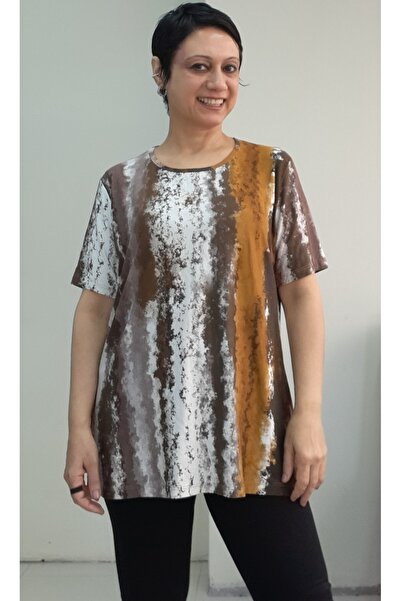 Mertcan Butik Coffee Mustard Color Round Neck Combed Viscose T-Shirt