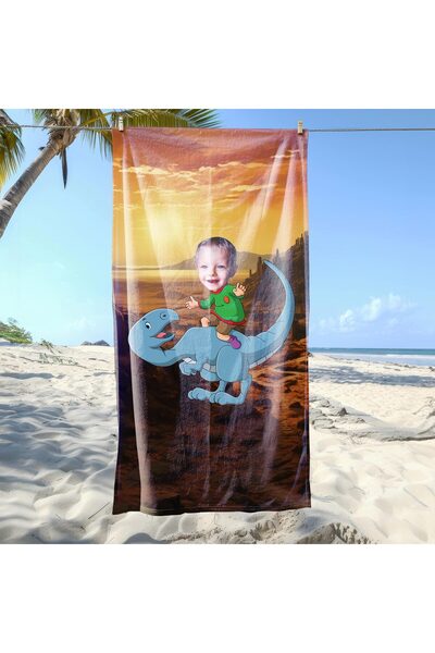 EJOYA Kişiye Özel Karikatür Fotoğraflı Şirin Dino Plaj ve Banyo Havlusu 115150